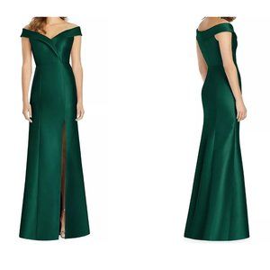 ALFRED SUNG Off-The-Shoulder Satin Gown Green